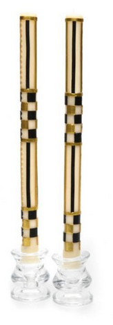 Check & Stripe Dinner Candles Black & Gold - Set of 2